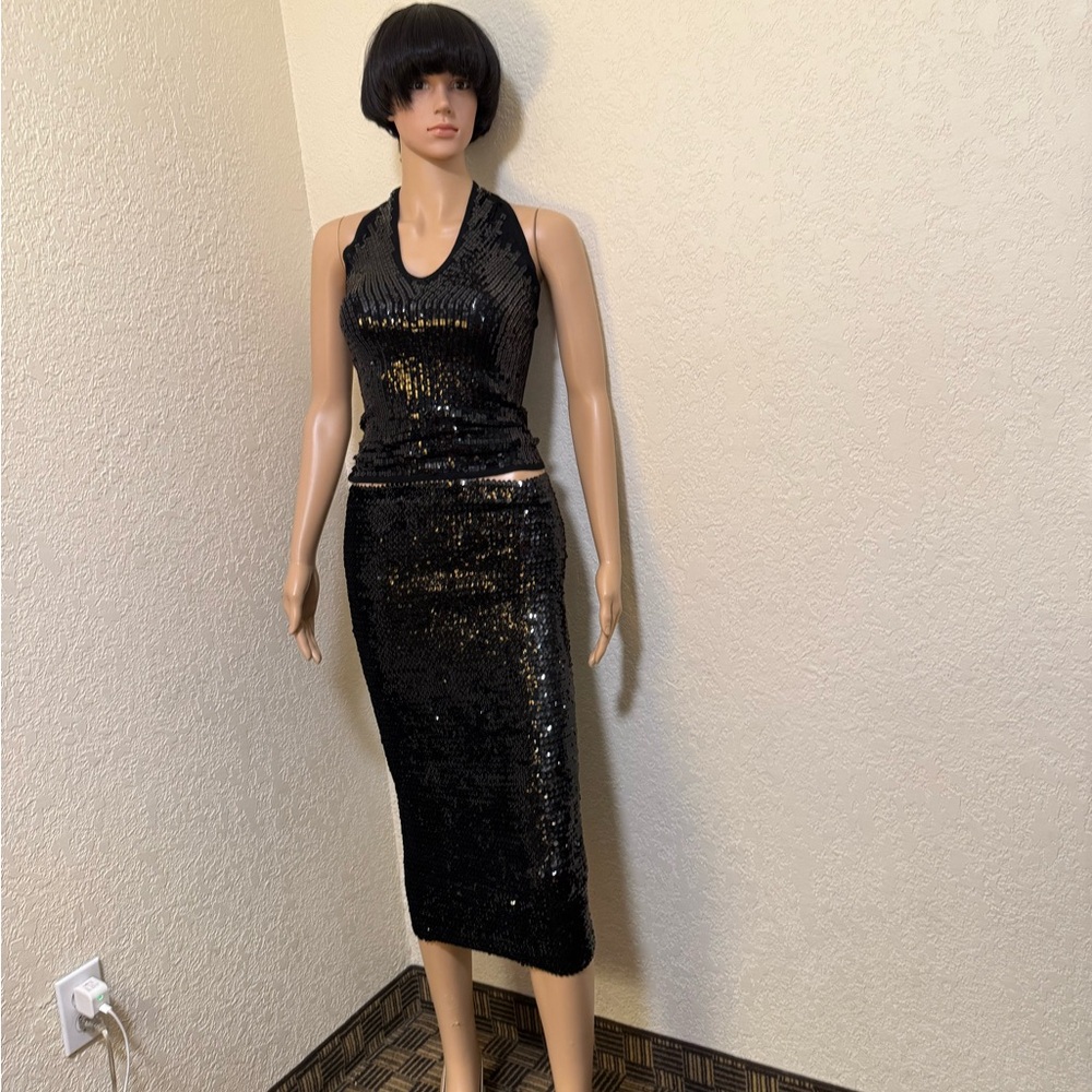 Mango Black Sequin Midi Pencil Skirt